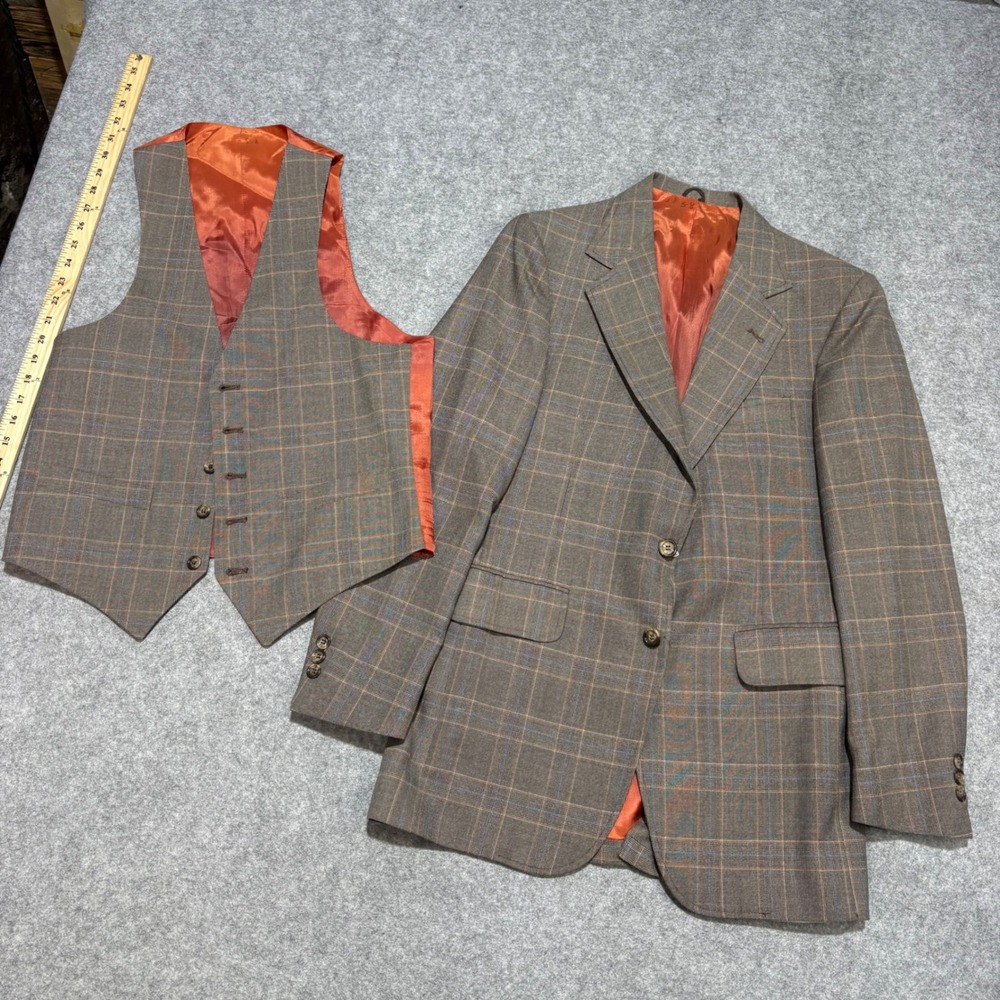Vintage Mens Brown Glen Plaid 2 Piece Blazer Vest Set Orange‎ Lining 37R 36V